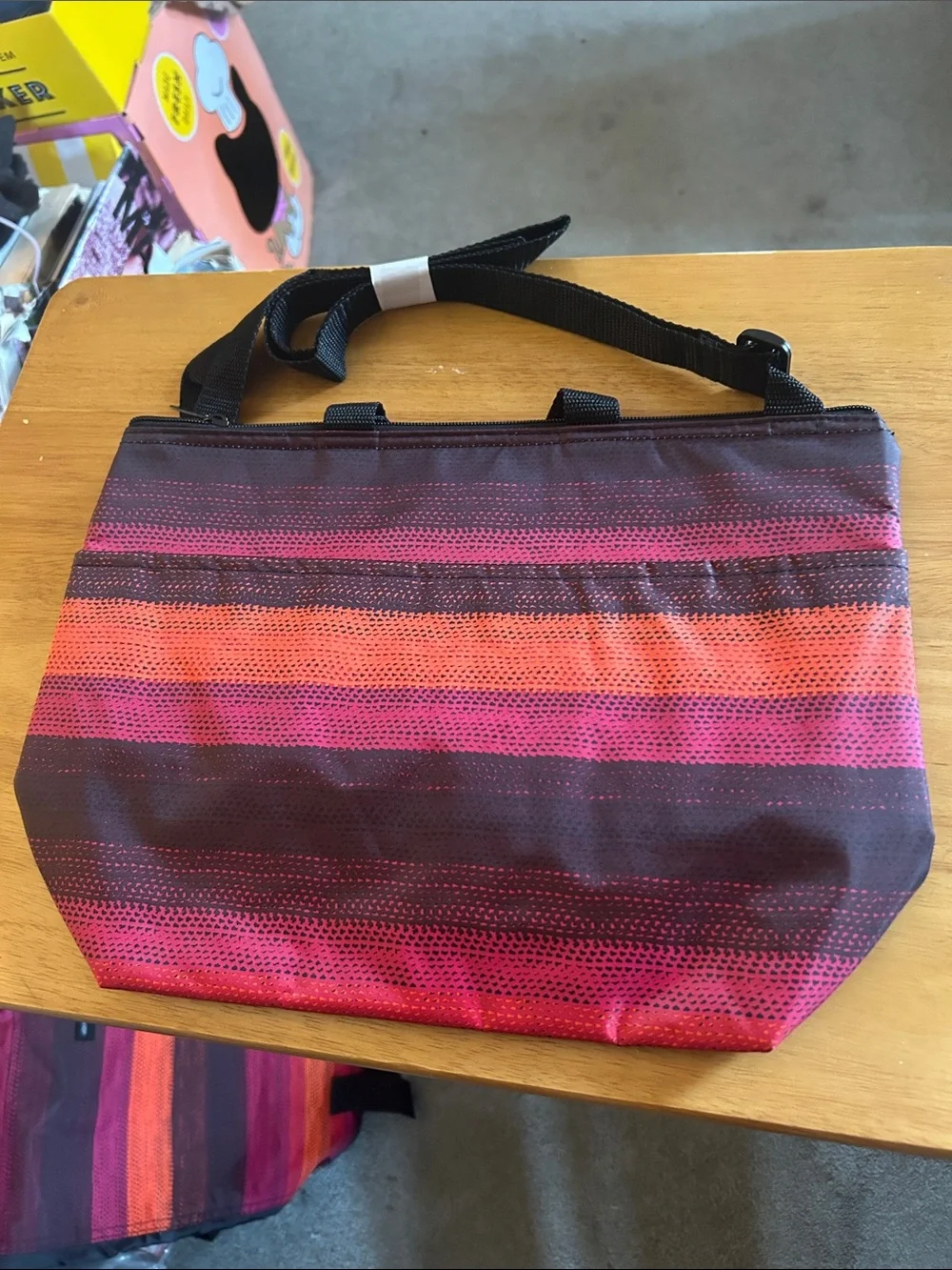 Thirty one Crossbody thermal tote Pink and Orange ombre stripe with Black Straps